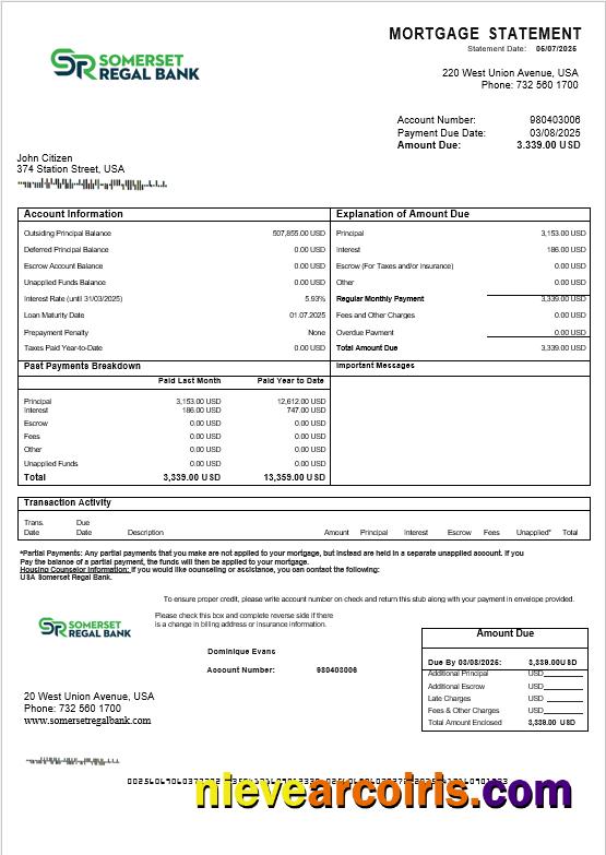 USA Somerset Regal Bank mortgage statement